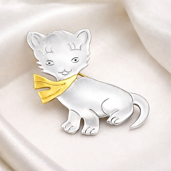 Sterling Silver 925 Cat Kitten Brooch & Pendant Pin Mixed Metal 2.25 Vtg Mexico